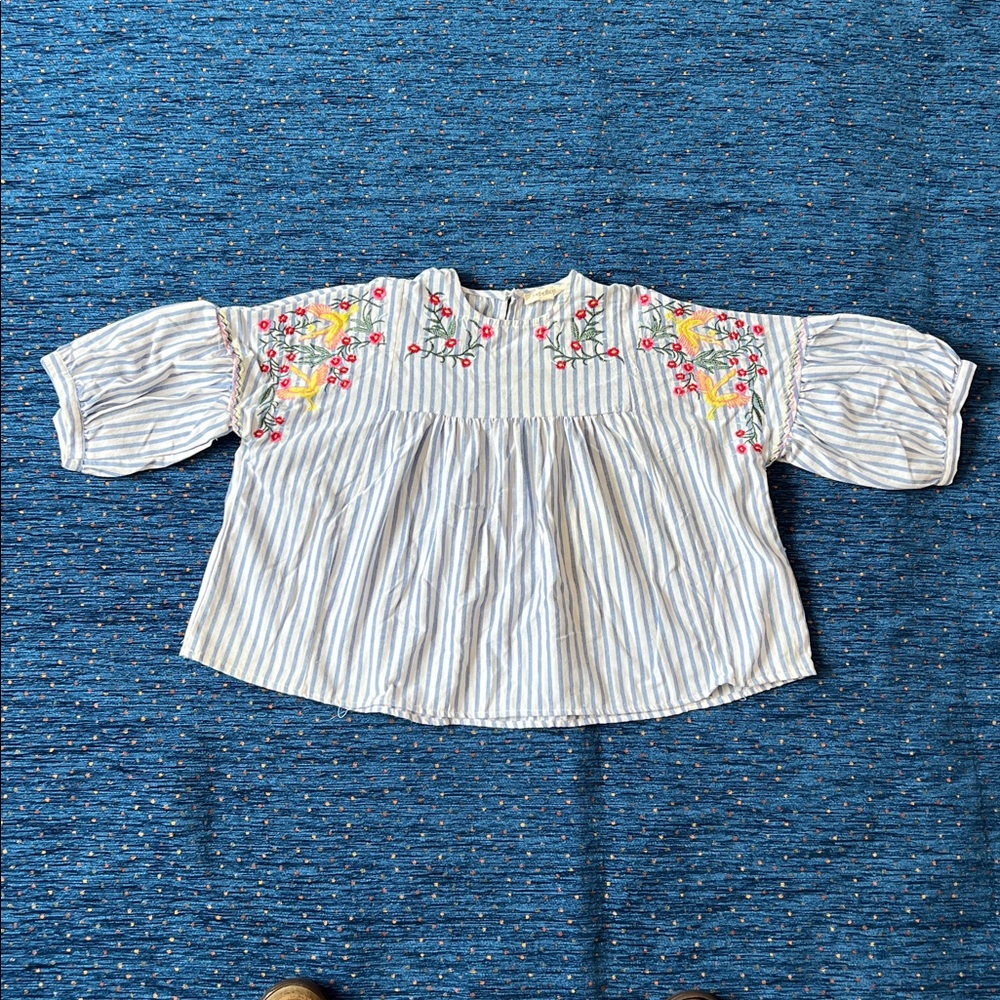 Blue and White Striped Embroidered Peasant Top - Picture 5 of 12